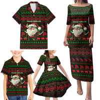 Viking Christmas Family Matching Puletasi and Hawaiian Shirt with Santa Warrior Axe Nordic Symbols Red Green Black Knit Pattern Design - Wonder Print Shop