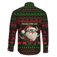 Viking Christmas Family Matching Puletasi and Hawaiian Shirt with Santa Warrior Axe Nordic Symbols Red Green Black Knit Pattern Design - Wonder Print Shop