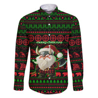 Viking Christmas Family Matching Short Sleeve Bodycon Dress and Hawaiian Shirt with Santa Warrior Axe Nordic Symbols Red Green Black Knit Pattern Design - Wonder Print Shop