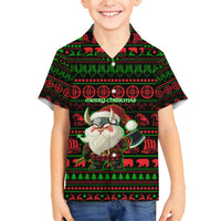 Viking Christmas Family Matching Tank Maxi Dress and Hawaiian Shirt with Santa Warrior Axe Nordic Symbols Red Green Black Knit Pattern Design - Wonder Print Shop