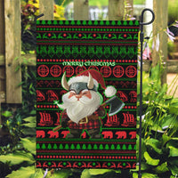 Viking Christmas Garden Flag with Santa Warrior Axe Nordic Symbols Red Green Black Knit Pattern Design - Wonder Print Shop