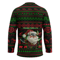 Viking Christmas Hockey Jersey with Santa Warrior Axe Nordic Symbols Red Green Black Knit Pattern Design - Wonder Print Shop