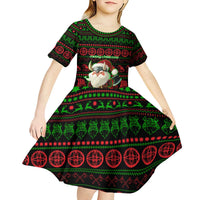 Viking Christmas Kid Short Sleeve Dress with Santa Warrior Axe Nordic Symbols Red Green Black Knit Pattern Design - Wonder Print Shop
