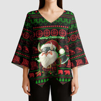 Viking Christmas Kimono Sleeve Blouse with Santa Warrior Axe Nordic Symbols Red Green Black Knit Pattern Design - Wonder Print Shop