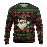 Viking Christmas Ugly Christmas Sweater with Santa Warrior Axe Nordic Symbols Red Green Black Knit Pattern Design - Wonder Print Shop