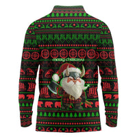 Viking Christmas Long Sleeve Polo Shirt with Santa Warrior Axe Nordic Symbols Red Green Black Knit Pattern Design - Wonder Print Shop