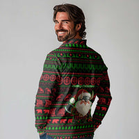 Viking Christmas Long Sleeve Polo Shirt with Santa Warrior Axe Nordic Symbols Red Green Black Knit Pattern Design - Wonder Print Shop