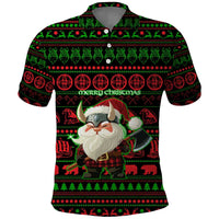 Viking Christmas Polo Shirt with Santa Warrior Axe Nordic Symbols Red Green Black Knit Pattern Design - Wonder Print Shop