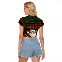 Viking Christmas Raglan Cropped T Shirt with Santa Warrior Axe Nordic Symbols Red Green Black Knit Pattern Design - Wonder Print Shop