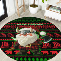 Viking Christmas Round Carpet with Santa Warrior Axe Nordic Symbols Red Green Black Knit Pattern Design - Wonder Print Shop