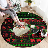 Viking Christmas Round Carpet with Santa Warrior Axe Nordic Symbols Red Green Black Knit Pattern Design - Wonder Print Shop