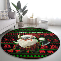Viking Christmas Round Carpet with Santa Warrior Axe Nordic Symbols Red Green Black Knit Pattern Design - Wonder Print Shop