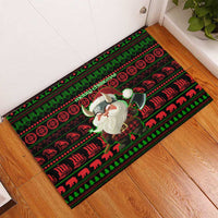 Viking Christmas Rubber Doormat with Santa Warrior Axe Nordic Symbols Red Green Black Knit Pattern Design - Wonder Print Shop