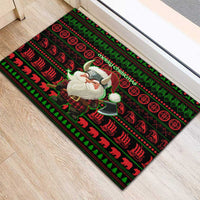 Viking Christmas Rubber Doormat with Santa Warrior Axe Nordic Symbols Red Green Black Knit Pattern Design - Wonder Print Shop