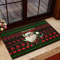Viking Christmas Rubber Doormat with Santa Warrior Axe Nordic Symbols Red Green Black Knit Pattern Design - Wonder Print Shop