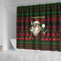 Viking Christmas Shower Curtain with Santa Warrior Axe Nordic Symbols Red Green Black Knit Pattern Design - Wonder Print Shop