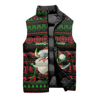 Viking Christmas Sleeveless Puffer Jacket with Santa Warrior Axe Nordic Symbols Red Green Black Knit Pattern Design - Wonder Print Shop