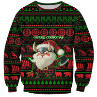 Viking Christmas Sweatshirt with Santa Warrior Axe Nordic Symbols Red Green Black Knit Pattern Design - Wonder Print Shop