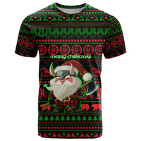 Viking Christmas T Shirt with Santa Warrior Axe Nordic Symbols Red Green Black Knit Pattern Design - Wonder Print Shop