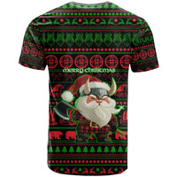 Viking Christmas T Shirt with Santa Warrior Axe Nordic Symbols Red Green Black Knit Pattern Design - Wonder Print Shop