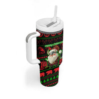 Viking Christmas Tumbler With Handle with Santa Warrior Axe Nordic Symbols Red Green Black Knit Pattern Design - Wonder Print Shop