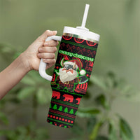 Viking Christmas Tumbler With Handle with Santa Warrior Axe Nordic Symbols Red Green Black Knit Pattern Design - Wonder Print Shop