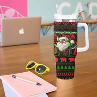 Viking Christmas Tumbler With Handle with Santa Warrior Axe Nordic Symbols Red Green Black Knit Pattern Design - Wonder Print Shop