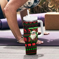 Viking Christmas Tumbler With Handle with Santa Warrior Axe Nordic Symbols Red Green Black Knit Pattern Design - Wonder Print Shop