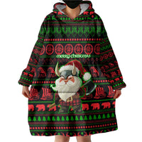Viking Christmas Wearable Blanket Hoodie with Santa Warrior Axe Nordic Symbols Red Green Black Knit Pattern Design - Wonder Print Shop