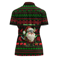 Viking Christmas Women Polo Shirt with Santa Warrior Axe Nordic Symbols Red Green Black Knit Pattern Design - Wonder Print Shop