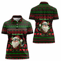 Viking Christmas Women Polo Shirt with Santa Warrior Axe Nordic Symbols Red Green Black Knit Pattern Design - Wonder Print Shop
