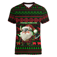 Viking Christmas Women V-Neck T-Shirt with Santa Warrior Axe Nordic Symbols Red Green Black Knit Pattern Design - Wonder Print Shop