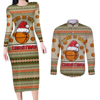 Basketball Winter Christmas Couples Matching Long Sleeve Bodycon Dress and Long Sleeve Button Shirt Xmas Holiday Patterns - Wonder Print Shop