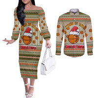 Basketball Winter Christmas Couples Matching Off The Shoulder Long Sleeve Dress and Long Sleeve Button Shirt Xmas Holiday Patterns - Wonder Print Shop