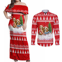 Beagle Dashing Dog Christmas Couples Matching Off Shoulder Maxi Dress and Long Sleeve Button Shirt Xmas Holiday Patterns - Wonder Print Shop