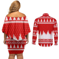 Beagle Dashing Dog Christmas Couples Matching Off Shoulder Short Dress and Long Sleeve Button Shirt Xmas Holiday Patterns - Wonder Print Shop