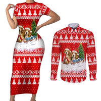 Beagle Dashing Dog Christmas Couples Matching Short Sleeve Bodycon Dress and Long Sleeve Button Shirt Xmas Holiday Patterns - Wonder Print Shop