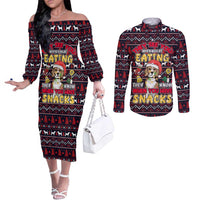 Beagle Dog They Know When You Have Snacks Christmas Couples Matching Off The Shoulder Long Sleeve Dress and Long Sleeve Button Shirt Xmas Holiday Patterns - Wonder Print Shop