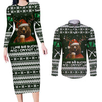 Bear Hunting and Beer Christmas Couples Matching Long Sleeve Bodycon Dress and Long Sleeve Button Shirt Xmas Holiday Patterns - Wonder Print Shop