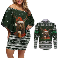 Bear Hunting and Beer Christmas Couples Matching Off Shoulder Short Dress and Long Sleeve Button Shirt Xmas Holiday Patterns - Wonder Print Shop