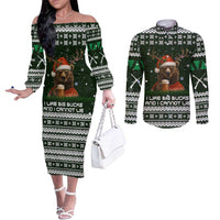 Bear Hunting and Beer Christmas Couples Matching Off The Shoulder Long Sleeve Dress and Long Sleeve Button Shirt Xmas Holiday Patterns - Wonder Print Shop
