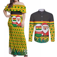 Ghana Christmas Couples Matching Off Shoulder Maxi Dress and Long Sleeve Button Shirt with Santa Ornament National Coat of Arms and Festive - Wonder Print Shop