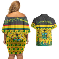 Ghana Christmas Couples Matching Off Shoulder Short Dress and Hawaiian Shirt with Santa Ornament National Coat of Arms and Festive - Wonder Print Shop
