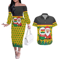 Ghana Christmas Couples Matching Off The Shoulder Long Sleeve Dress and Hawaiian Shirt with Santa Ornament National Coat of Arms and Festive - Wonder Print Shop