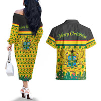 Ghana Christmas Couples Matching Off The Shoulder Long Sleeve Dress and Hawaiian Shirt with Santa Ornament National Coat of Arms and Festive - Wonder Print Shop
