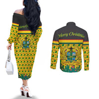 Ghana Christmas Couples Matching Off The Shoulder Long Sleeve Dress and Long Sleeve Button Shirt with Santa Ornament National Coat of Arms and Festive - Wonder Print Shop