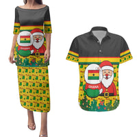 Ghana Christmas Couples Matching Puletasi and Hawaiian Shirt with Santa Ornament National Coat of Arms and Festive - Wonder Print Shop