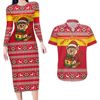 Ghana Christmas Couples Matching Long Sleeve Bodycon Dress and Hawaiian Shirt with Monkey Holding Gift Ghana Map and Festive - Wonder Print Shop