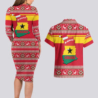 Ghana Christmas Couples Matching Long Sleeve Bodycon Dress and Hawaiian Shirt with Monkey Holding Gift Ghana Map and Festive - Wonder Print Shop