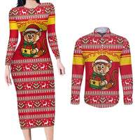 Ghana Christmas Couples Matching Long Sleeve Bodycon Dress and Long Sleeve Button Shirt with Monkey Holding Gift Ghana Map and Festive - Wonder Print Shop